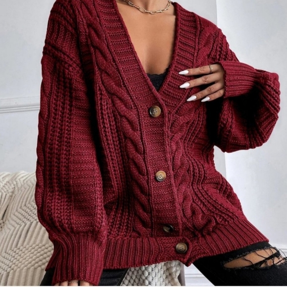 Burgundy Womens button down Cable Knit Cardigan - Picture 1 of 3